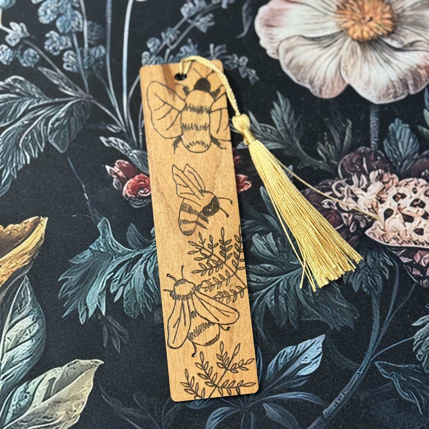 Wood Burned Sunflower, Ferns, & Bees Wooden Bookmark