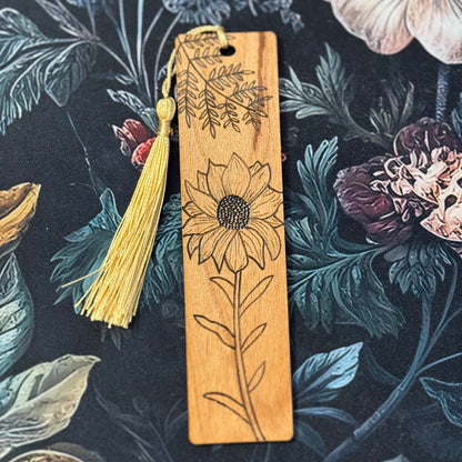 Wood Burned Sunflower, Ferns, & Bees Wooden Bookmark