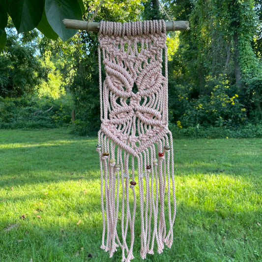 Macrame Pink Butterfly Wall Hanging with Crystal Beads