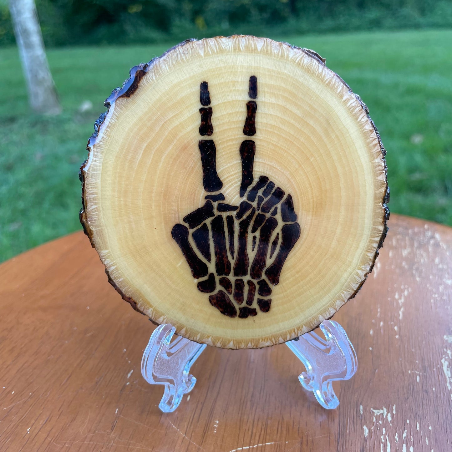 Wood Burned Skeleton Hand Peace Sign Coaster