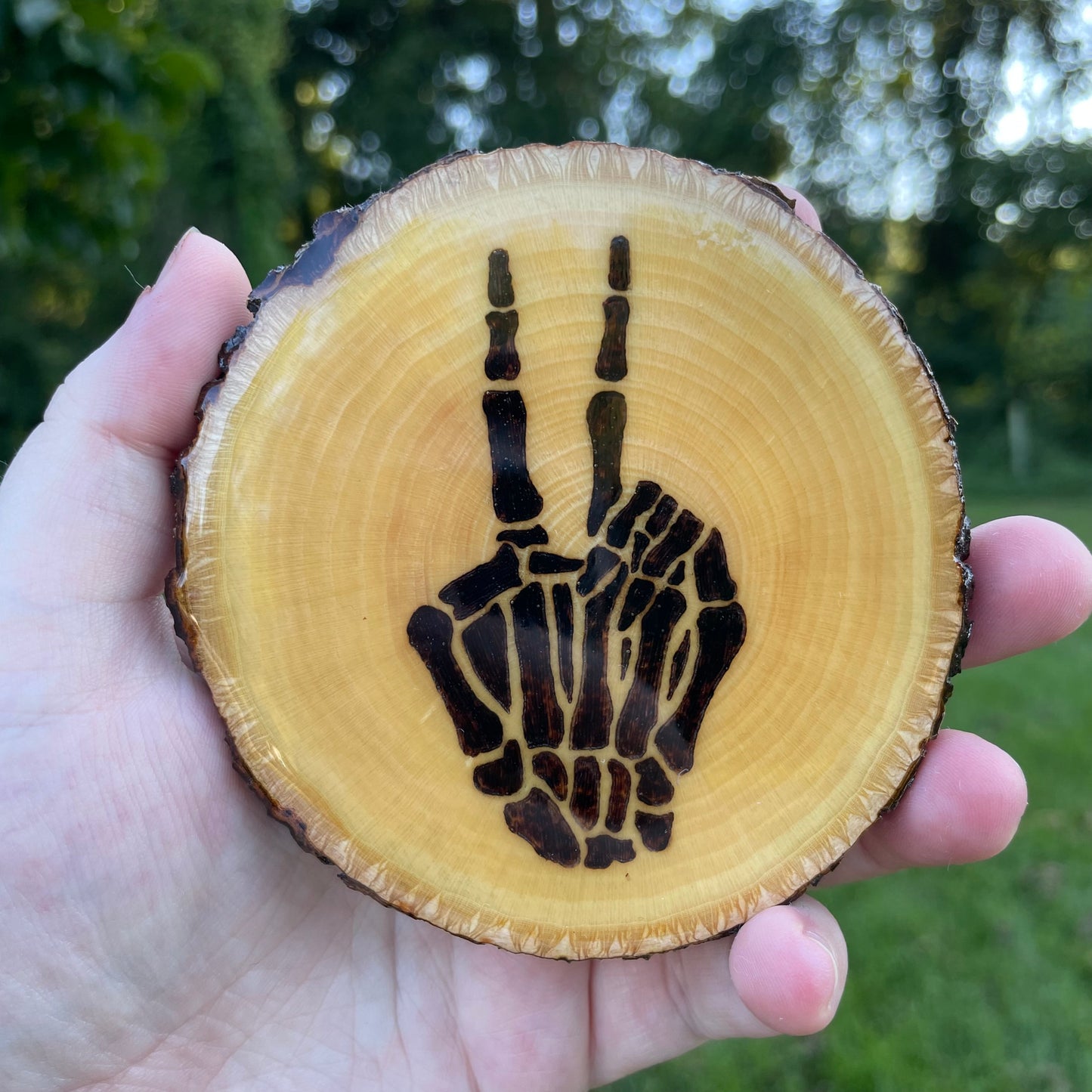 Wood Burned Skeleton Hand Peace Sign Coaster