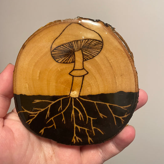 Wood Burned Mushroom Coaster