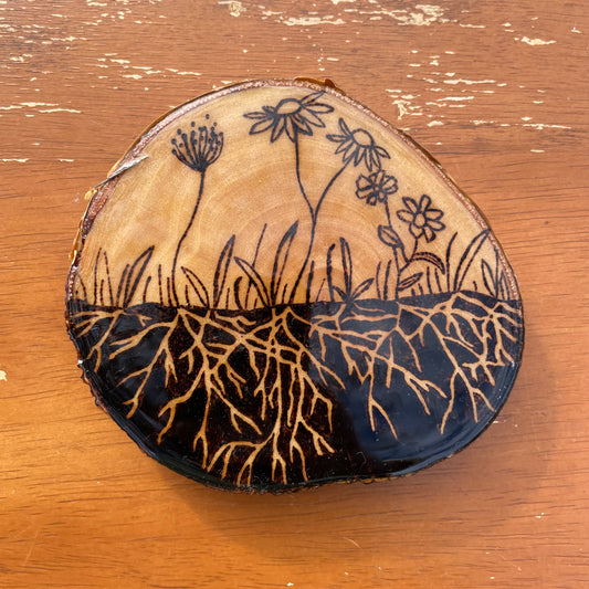 Wood Burned Wildflower Roots Coaster