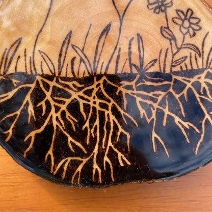 Wood Burned Wildflower Roots Coaster