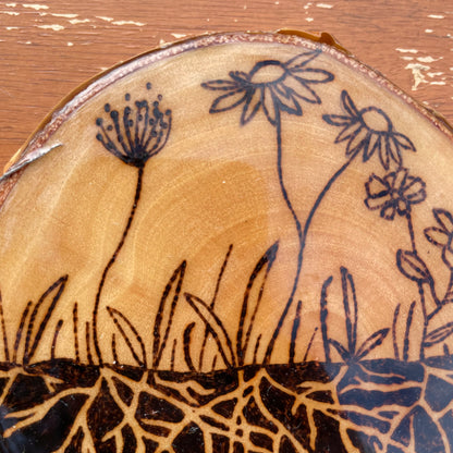 Wood Burned Wildflower Roots Coaster