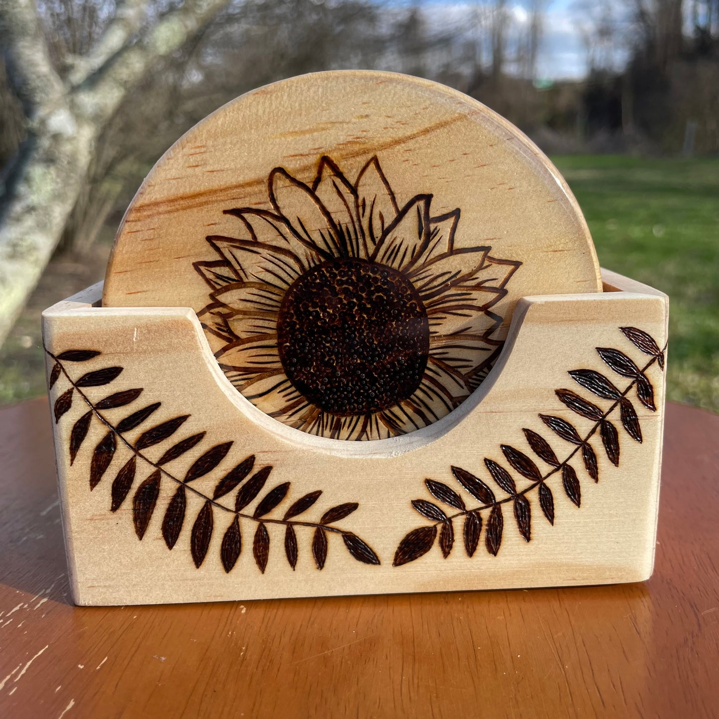 Wood Burned Flowers Coaster Set