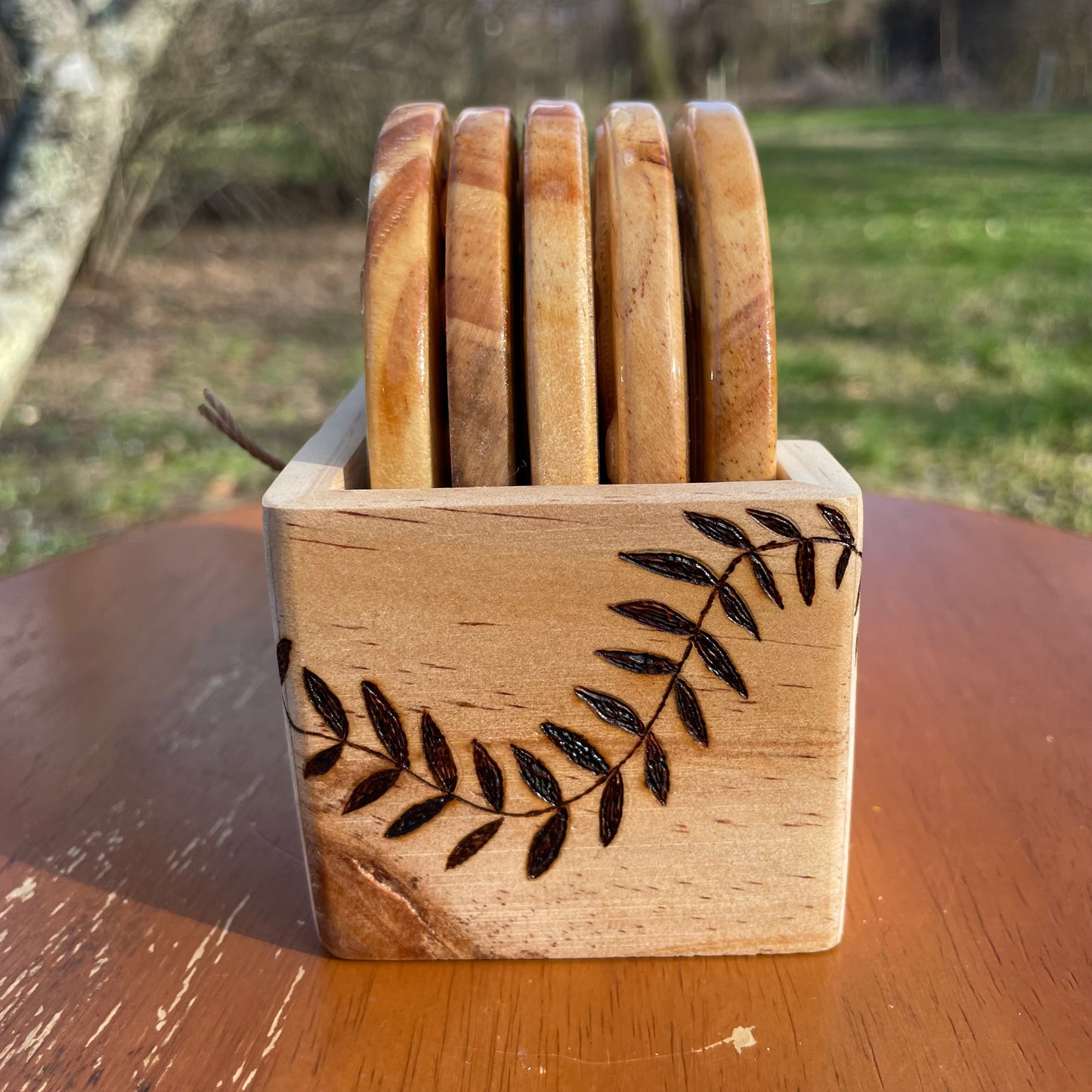 Wood Burned Flowers Coaster Set