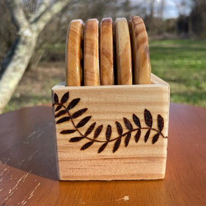 Wood Burned Flowers Coaster Set