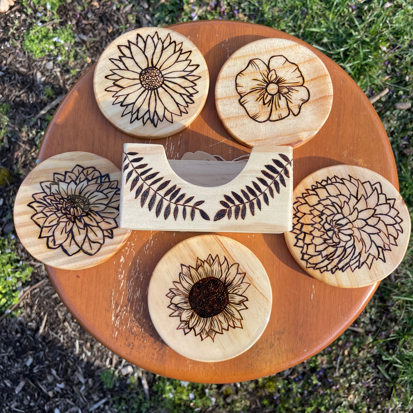 Wood Burned Flowers Coaster Set