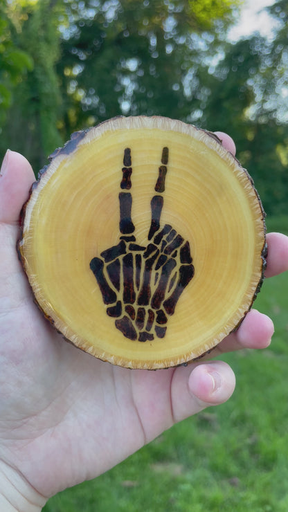 Wood Burned Skeleton Hand Peace Sign Coaster