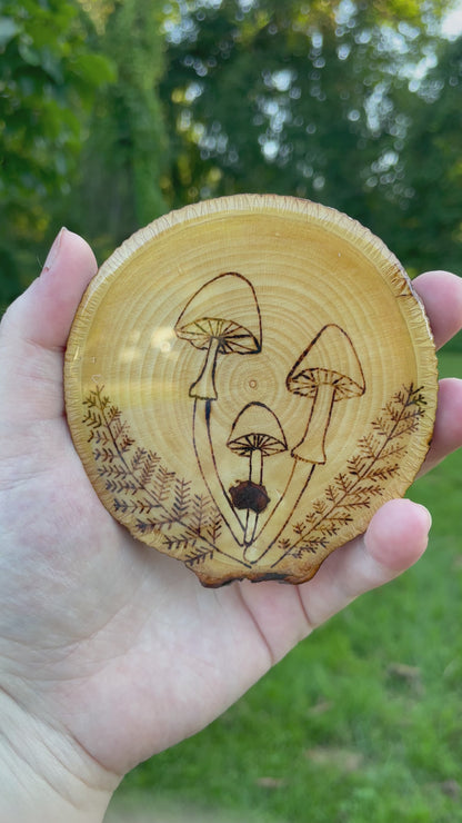 Wood Burned Mushrooms & Ferns Coaster