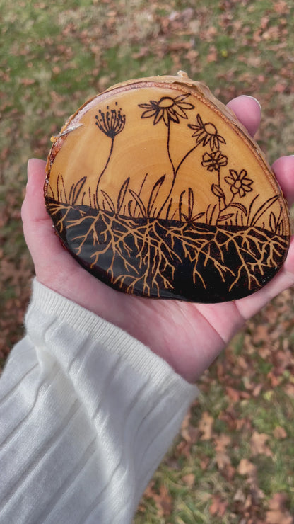 Wood Burned Wildflower Roots Coaster